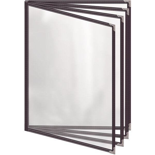 A group of brown menu covers with silver decorative corners and a gloss finish.