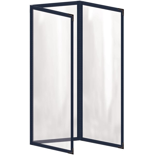 A blue rectangular vinyl menu cover with black corners and a gloss finish.