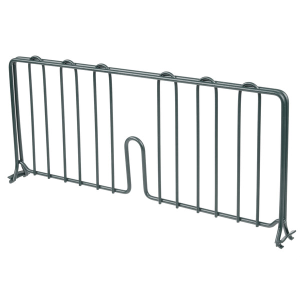 A Metro smoked glass wire shelf divider with a metal frame and two bars on it.