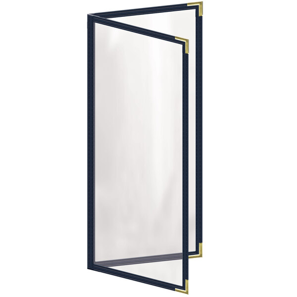 A blue menu cover with gold smooth corners and trim.