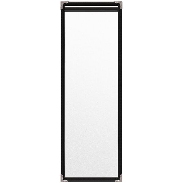 A white rectangular object with black border and silver corners.