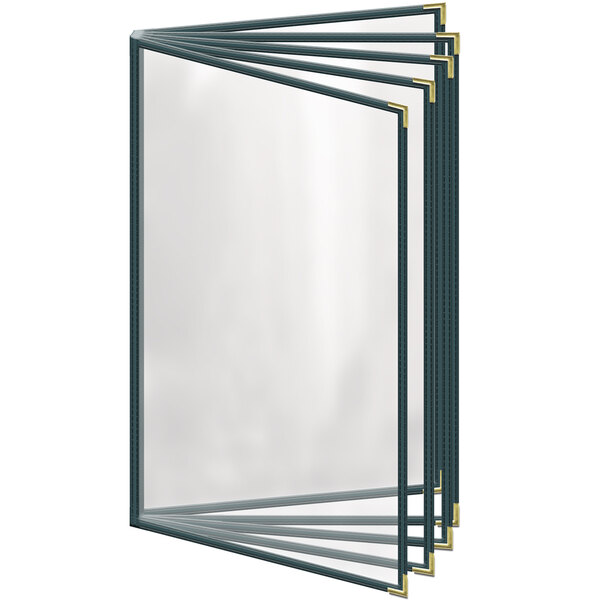 A close-up of a H. Risch, Inc. green vinyl menu cover with gold trim and a gloss finish.