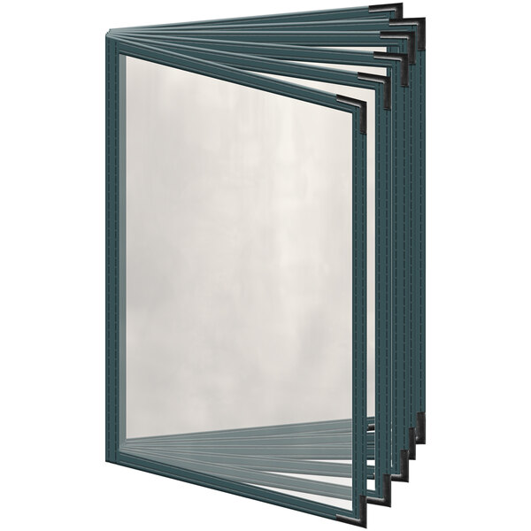 A close-up of a green H. Risch, Inc. vinyl menu cover with black smooth corners and a gloss finish.