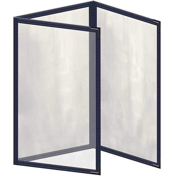 A blue H. Risch, Inc. vinyl menu cover with black smooth corners and a gloss finish.