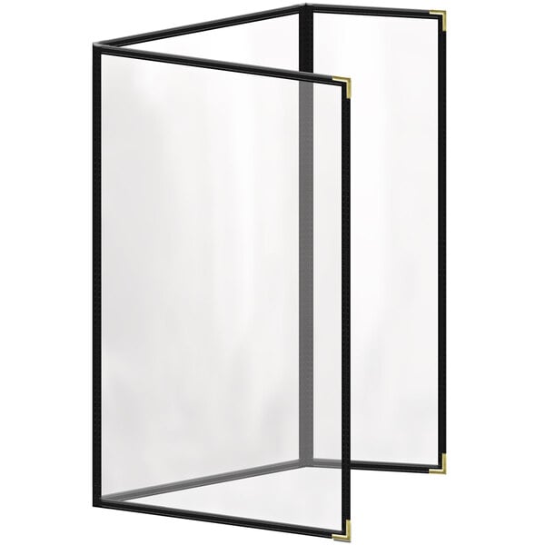A white rectangular menu cover with black lines on the corners.