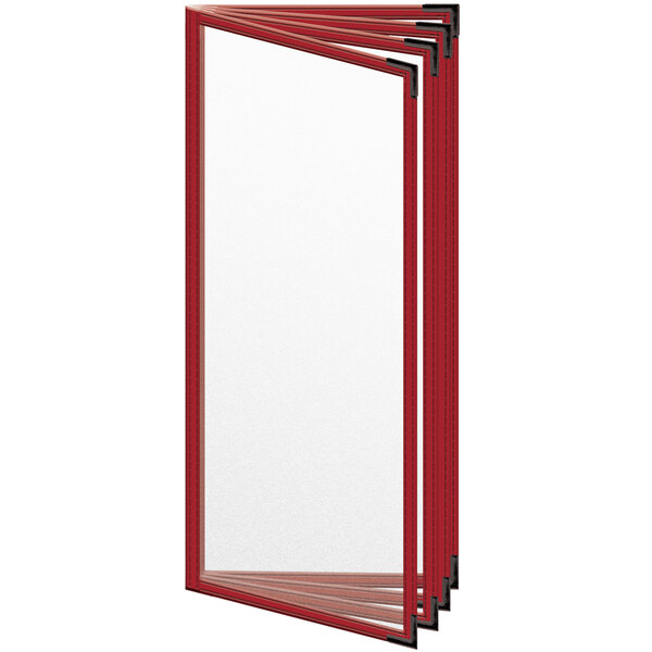 A red rectangular menu cover with black corners and a matte finish.