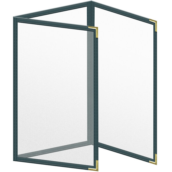 A white rectangular menu cover with a black border and gold corners.