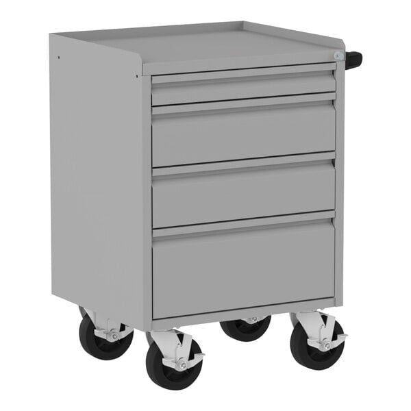 A grey metal Valley Craft workbench with four drawers.