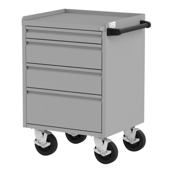 A silver metal workbench with four drawers.