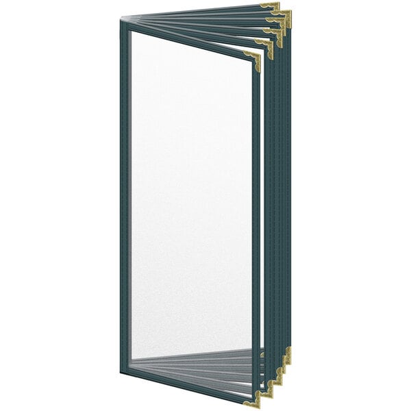 A stack of green H. Risch, Inc. vinyl menu covers with gold corners.