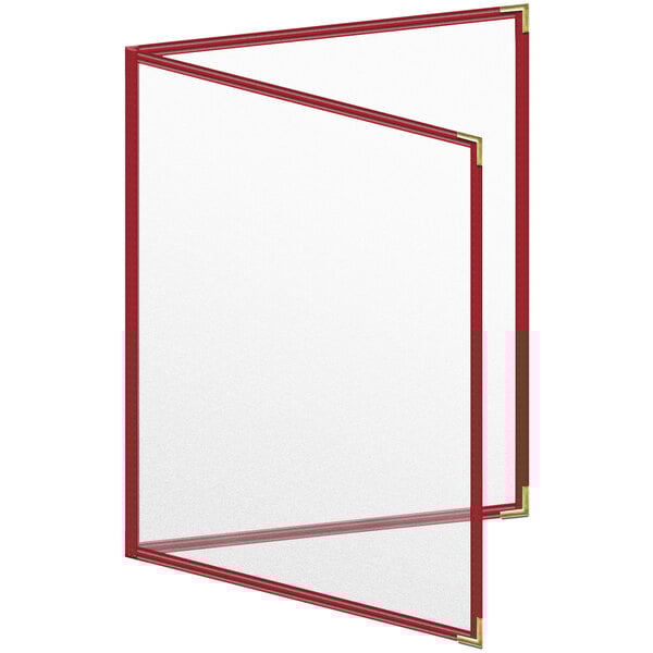 A red menu cover with gold corners and frame holding a white menu.