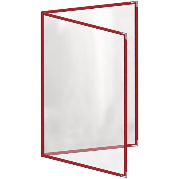 A red menu cover with a glossy finish and silver corners.