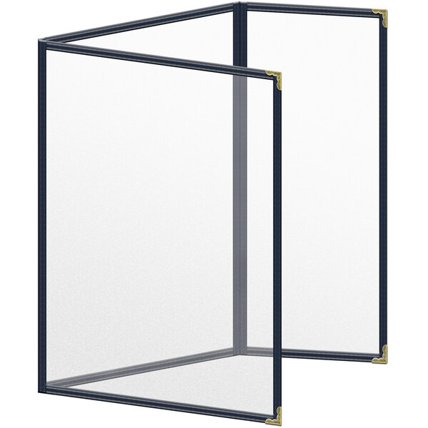 A blue menu cover with gold decorative corners and a matte finish.