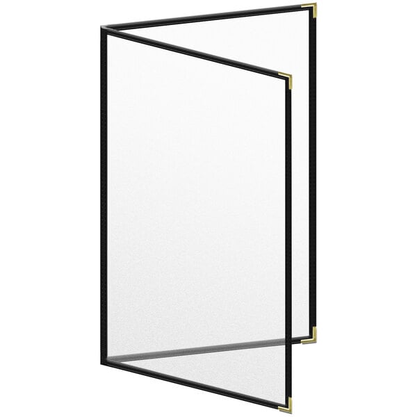 A black rectangular menu cover with a black and gold border and clear view pages.