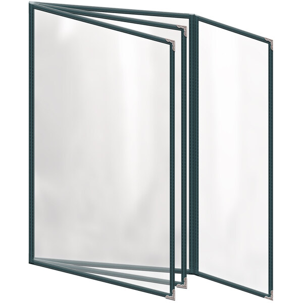 A green H. Risch, Inc. menu cover with silver decorative corners and a gloss finish with 8 plastic menu pages.
