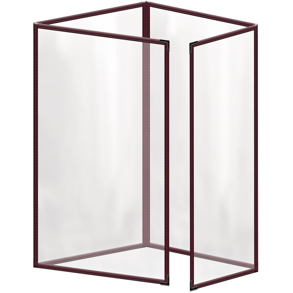 A maroon vinyl menu cover with black smooth corners and a gloss finish.