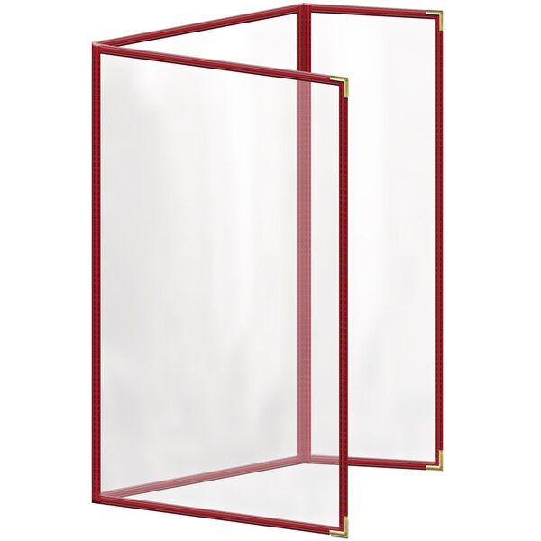A red rectangular menu cover with a white border and black lines.