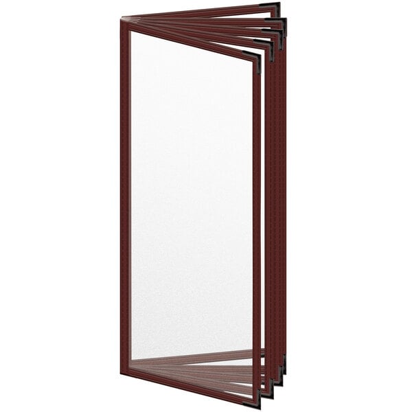 A maroon H. Risch, Inc. menu cover with black corners and a matte finish with a window to display 10 pages.