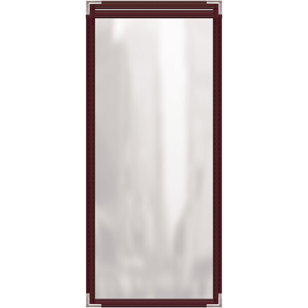 A rectangular menu cover with a maroon vinyl and silver smooth corners.