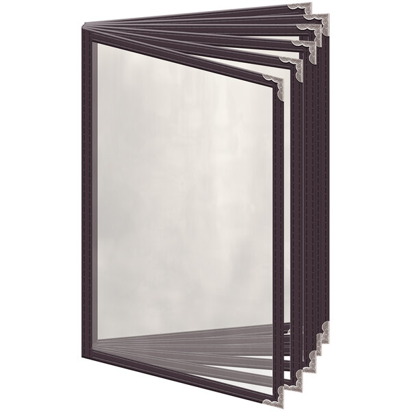 A brown H. Risch, Inc. vinyl menu cover with silver decorative corners and rectangular windows.