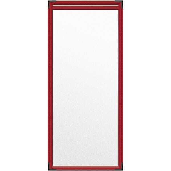 A white board with red trim.