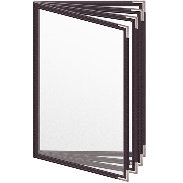 A group of brown H. Risch, Inc. TEDD menu covers with silver smooth corners.
