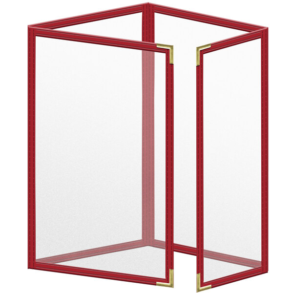 A red vinyl menu cover with gold corners.