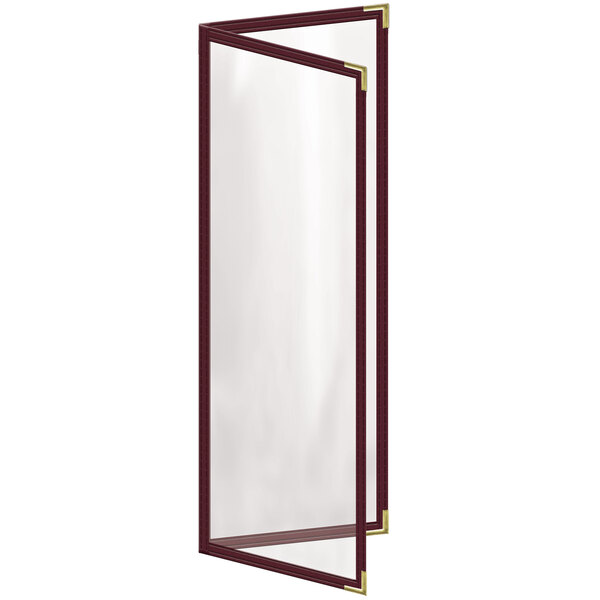 A glass door with a maroon menu cover inside.