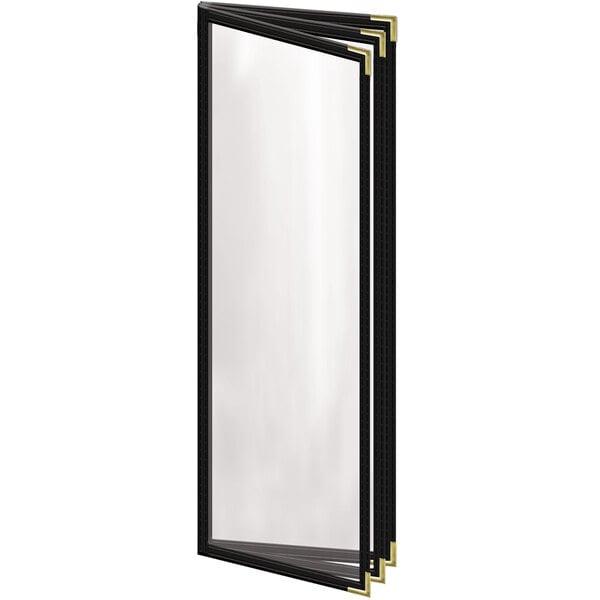 A black rectangular H. Risch, Inc. menu cover with gold smooth corners.