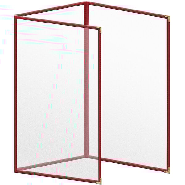 A red vinyl menu cover with gold corners and a matte finish.