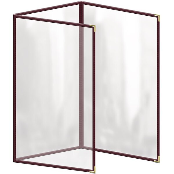 A maroon vinyl menu cover with gold smooth corners on a white background.