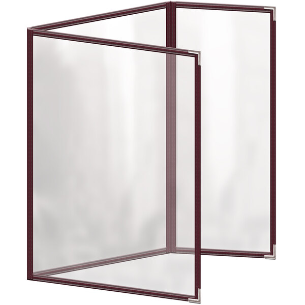 A maroon rectangular menu cover with silver smooth corners and glossy finish.