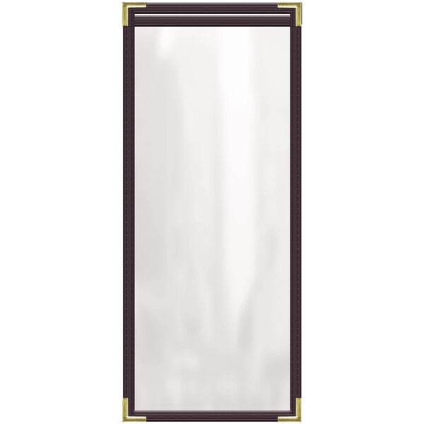 A rectangular white menu cover with gold trim and corners.