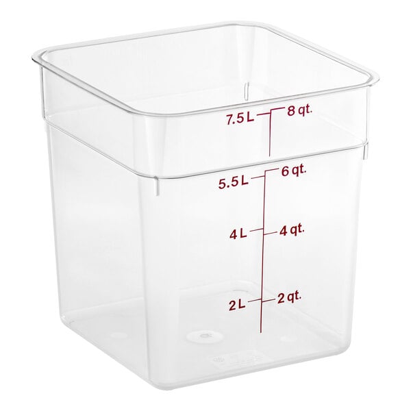 A clear, square plastic container with red measurement markings in liters and quarts on the side.