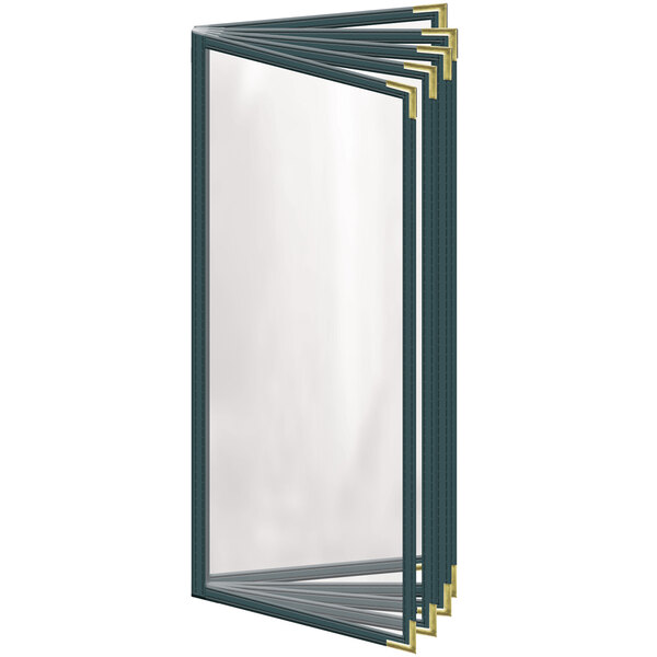A green vinyl menu cover with gold corners and trim on the inside.