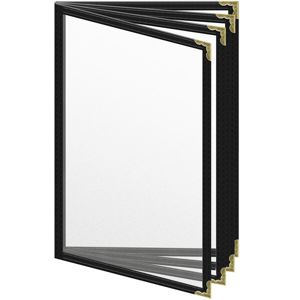 A black menu cover with gold decorative corners.