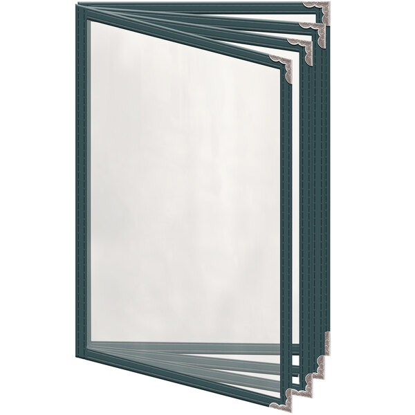 A stack of rectangular H. Risch, Inc. TEDD menu covers with silver corners.