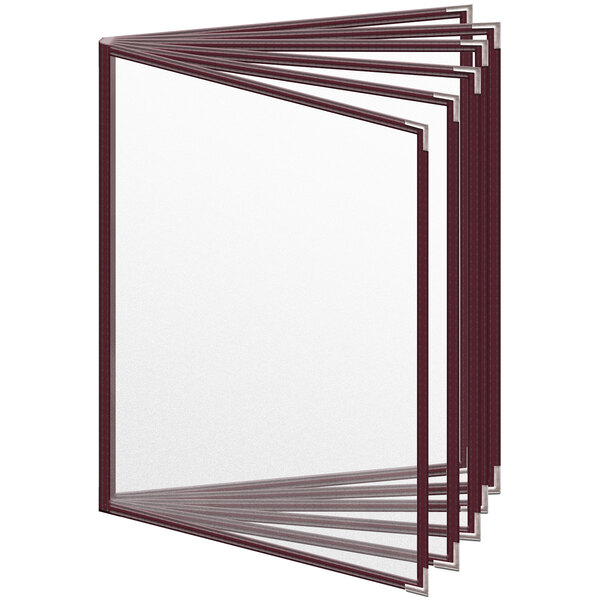 A maroon vinyl menu cover with silver smooth corners and matte finish.