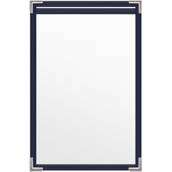 The corner of a blue H. Risch, Inc. TES Deluxe Sewn vinyl menu cover with silver smooth corners.