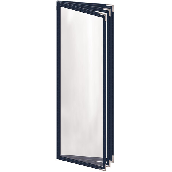 A blue rectangular vinyl menu cover with silver corners and a gloss finish.