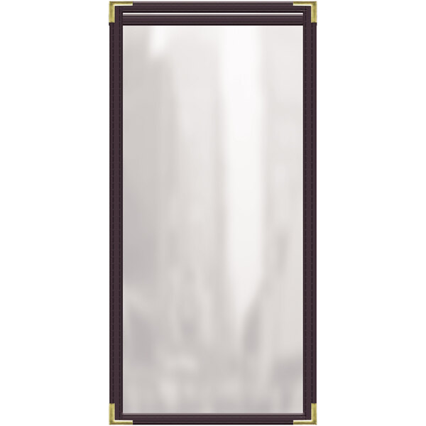A brown H. Risch, Inc. TES deluxe vinyl menu cover with gold corners.