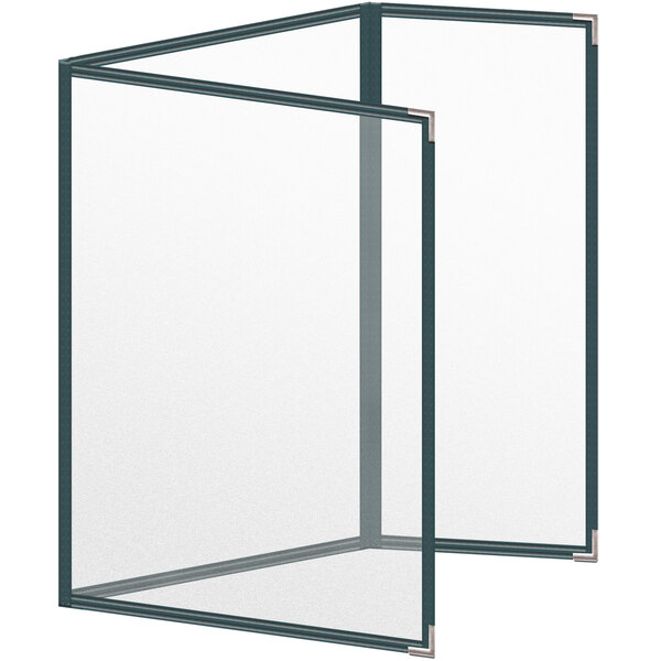 A green rectangular menu cover with a black border and silver corners.