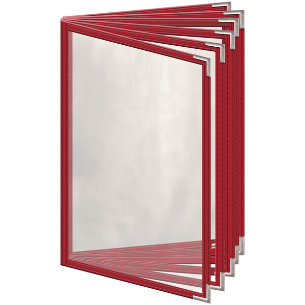 A stack of red rectangular H. Risch, Inc. menu covers with white corners and a white cover.