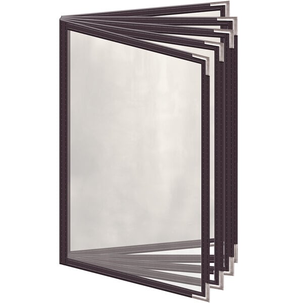 A brown H. Risch, Inc. menu cover with silver smooth corners and a gloss finish.