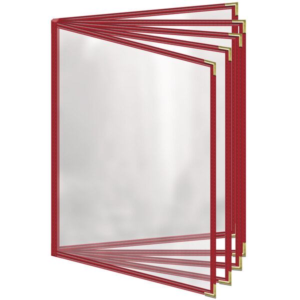 A group of red H. Risch, Inc. menu covers with gold smooth corners and bars containing white paper.