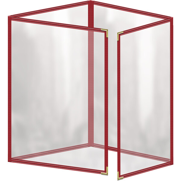 A transparent box with red trim containing a white and red rectangular menu cover with gold trim.