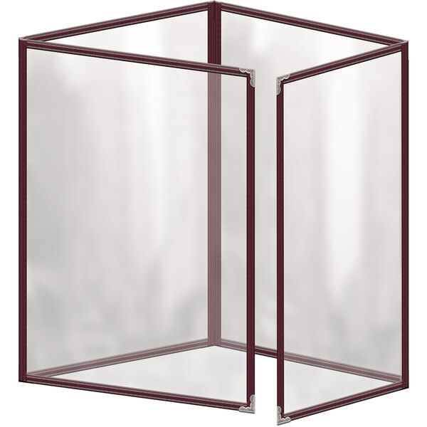 A maroon rectangular vinyl menu cover with silver decorative corners.