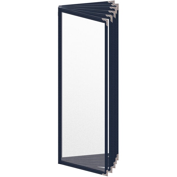 A black rectangular object with a blue vinyl cover and silver corners.