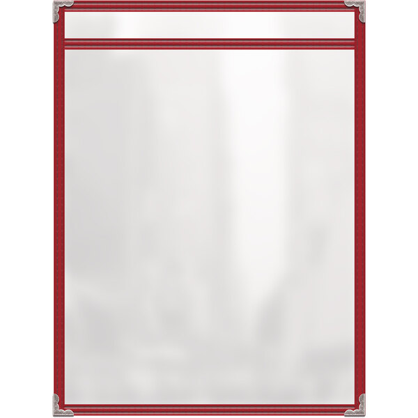 A red rectangular vinyl menu cover with white decorative corners and a white rectangular frame.