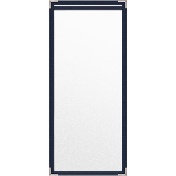 A white rectangular object with a blue frame.